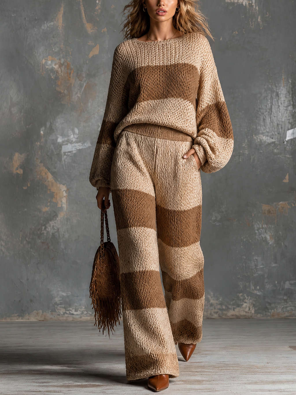 Chic Elegant Camel-Beige Wide Stripe Boat Neck Long-Sleeve Loose-Fit Sweater Elastic-Waist Pants Knit Two-Piece Set