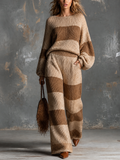 Chic Elegant Camel-Beige Wide Stripe Boat Neck Long-Sleeve Loose-Fit Sweater Elastic-Waist Pants Knit Two-Piece Set