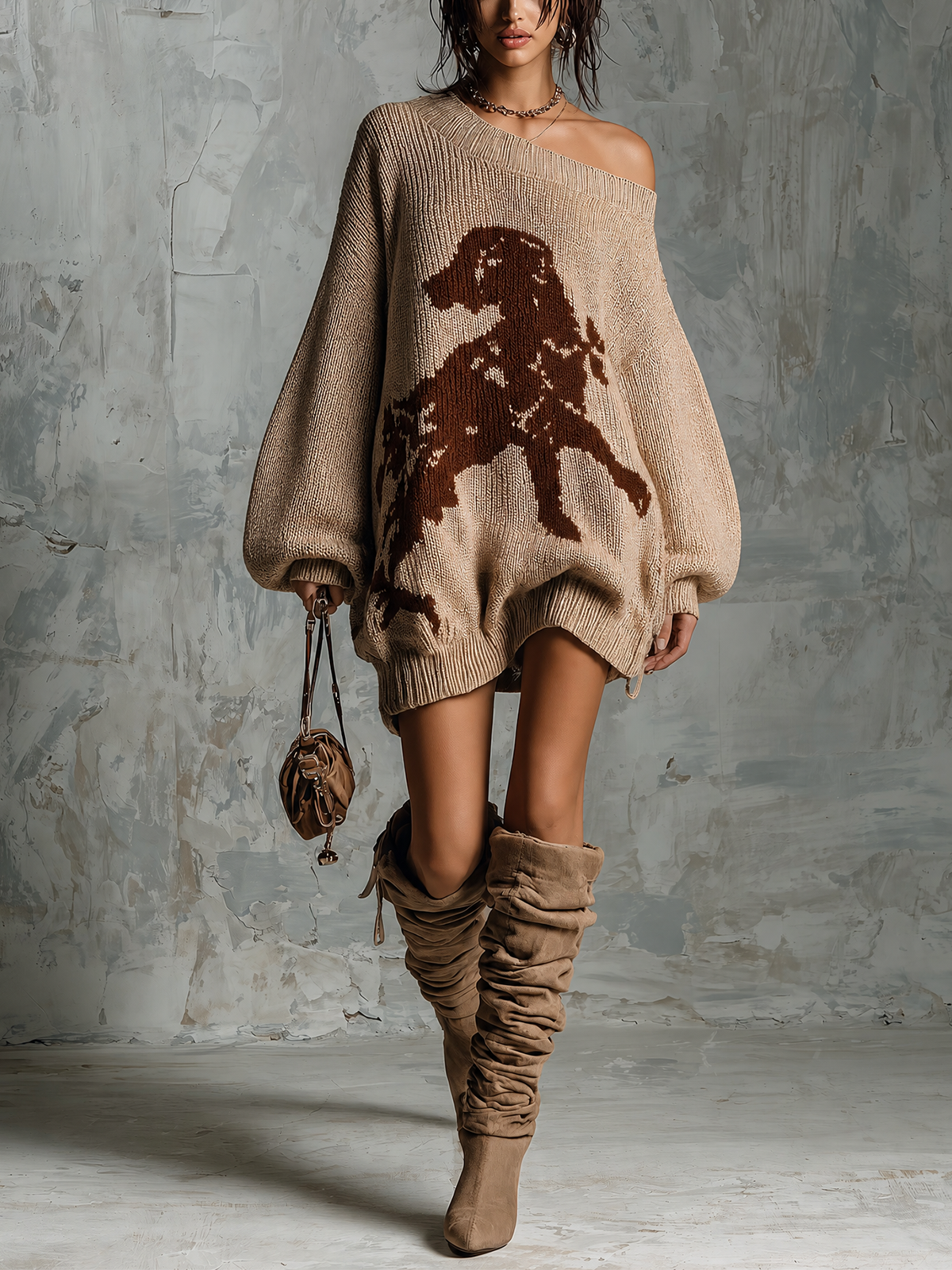 Chic Casual Oatmeal One Shoulder Dog Jacquard Dropped Shoulder Long-Sleeve Loose-Fit Knit Mini Dress