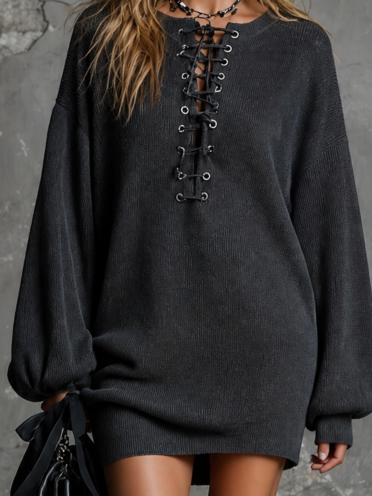 Chic Casual Washed Black Crew Neck Eyelet Lace-Up Front Placket Dropped Shoulder Long-Sleeve Loose-Fit Ribbed Knit Mini Dress