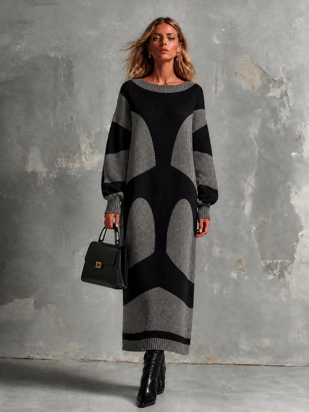 Chic Elegant Heather Grey-Black Colorblock Round-Neck Long-Sleeve Loose-Fit Knit Maxi Dress