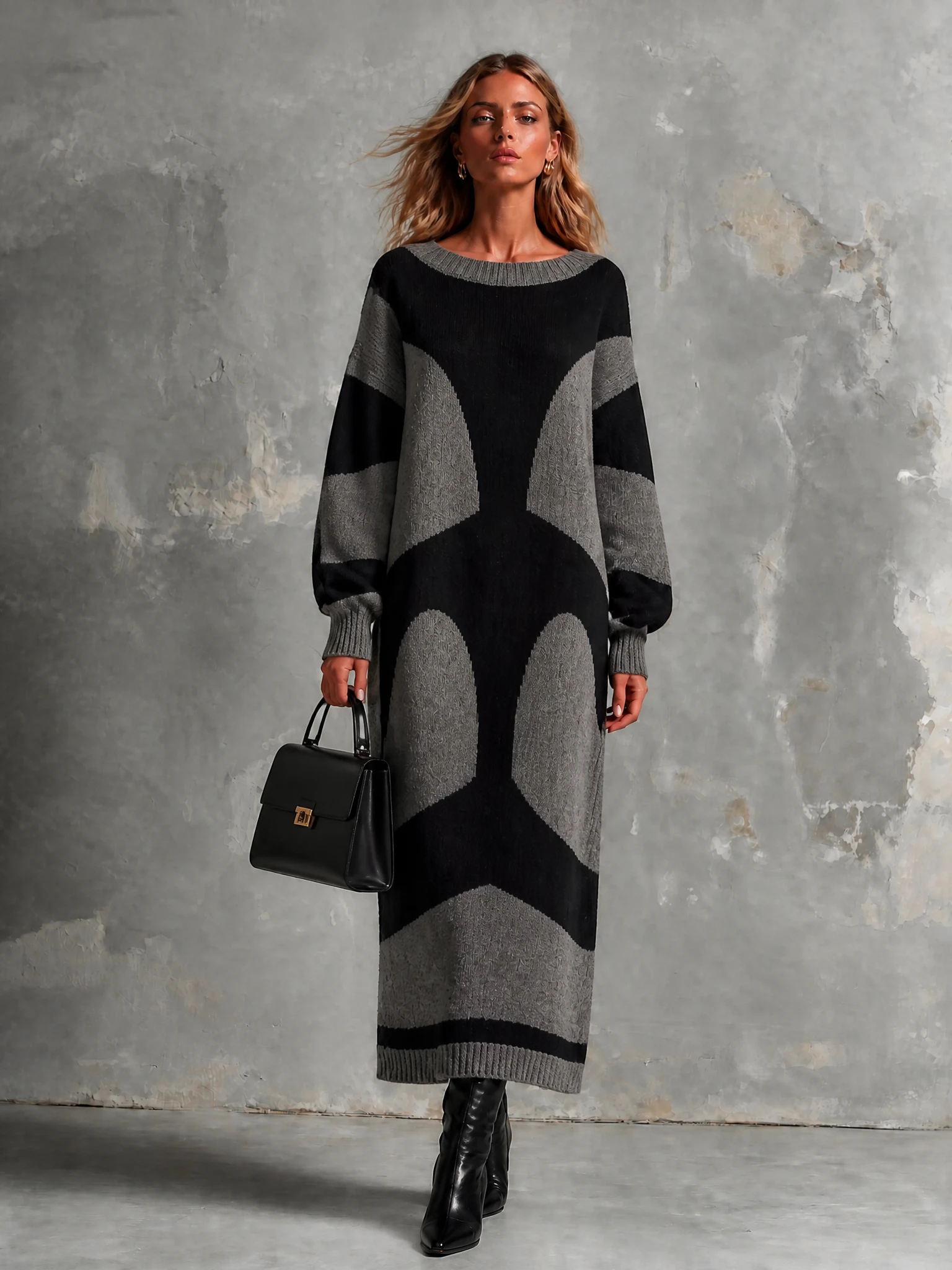 Chic Elegant Heather Grey-Black Colorblock Round-Neck Long-Sleeve Loose-Fit Knit Maxi Dress