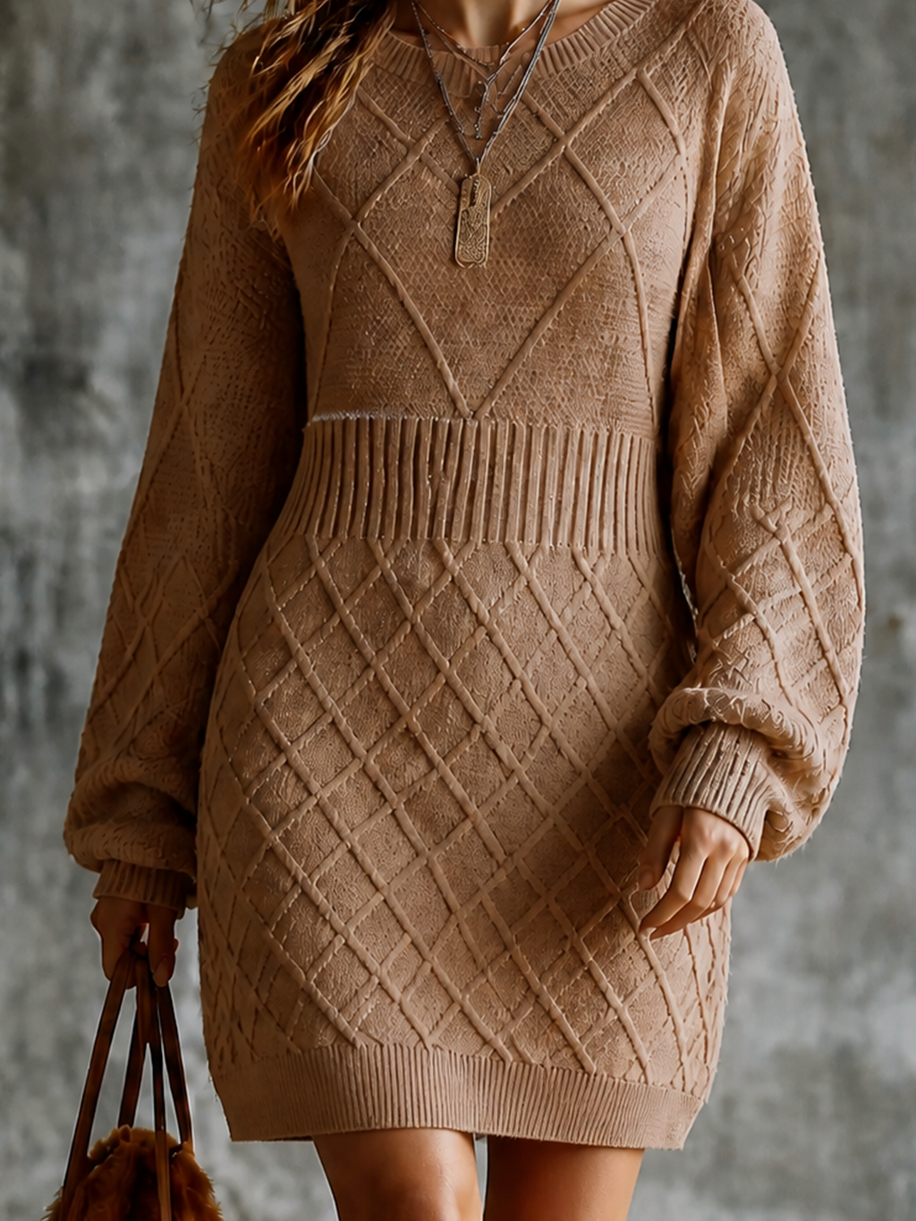 Chic Casual Camel Round-Neck Dropped Shoulder Long-Sleeve Loose-Fit Diamond Cable Knit Mini Dress