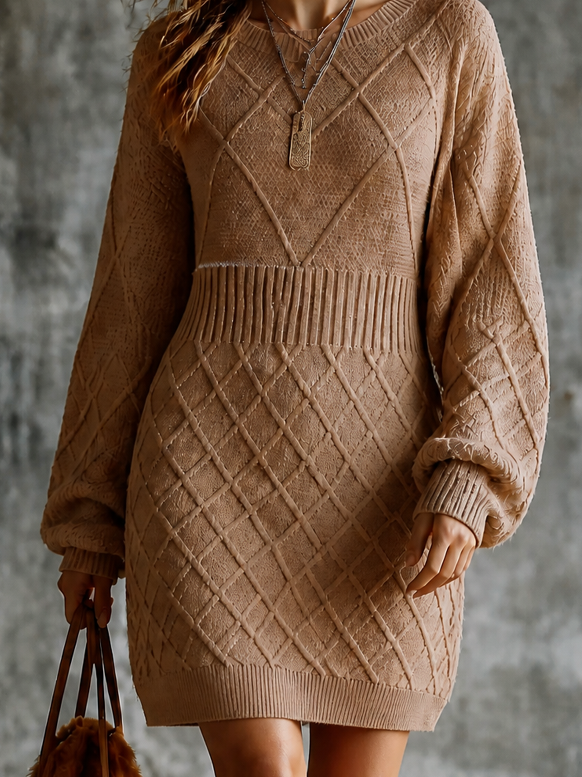 Chic Casual Camel Round-Neck Dropped Shoulder Long-Sleeve Loose-Fit Diamond Cable Knit Mini Dress