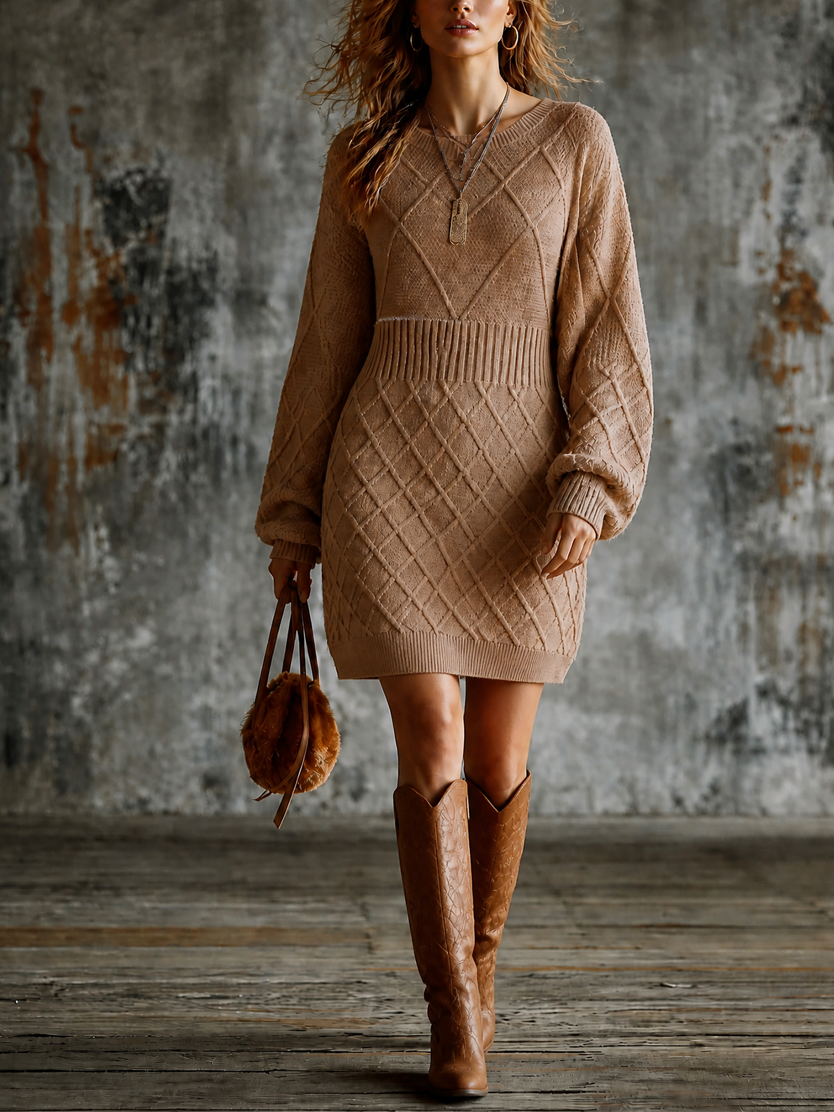 Chic Casual Camel Round-Neck Dropped Shoulder Long-Sleeve Loose-Fit Diamond Cable Knit Mini Dress