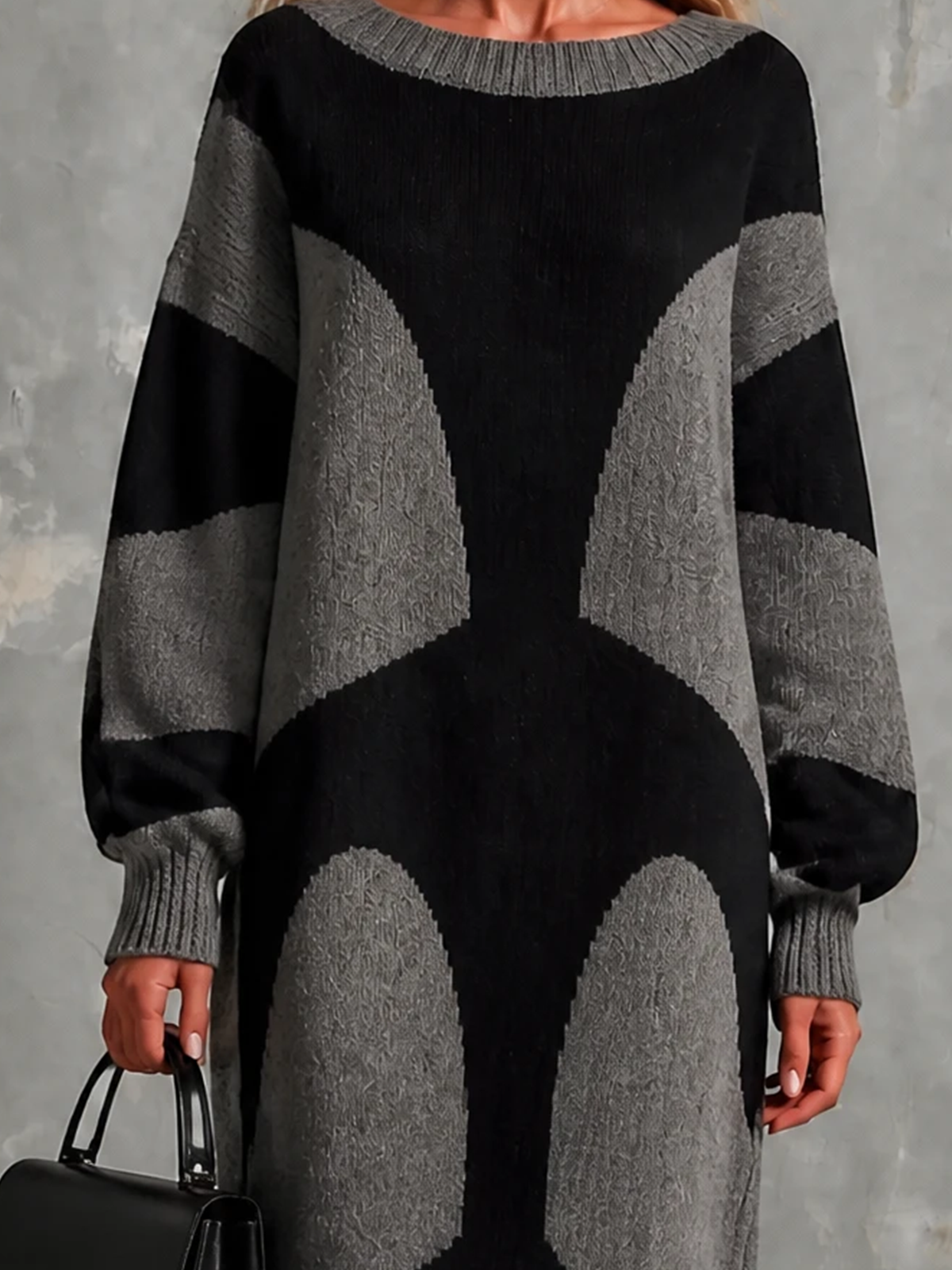 Chic Elegant Heather Grey-Black Colorblock Round-Neck Long-Sleeve Loose-Fit Knit Maxi Dress