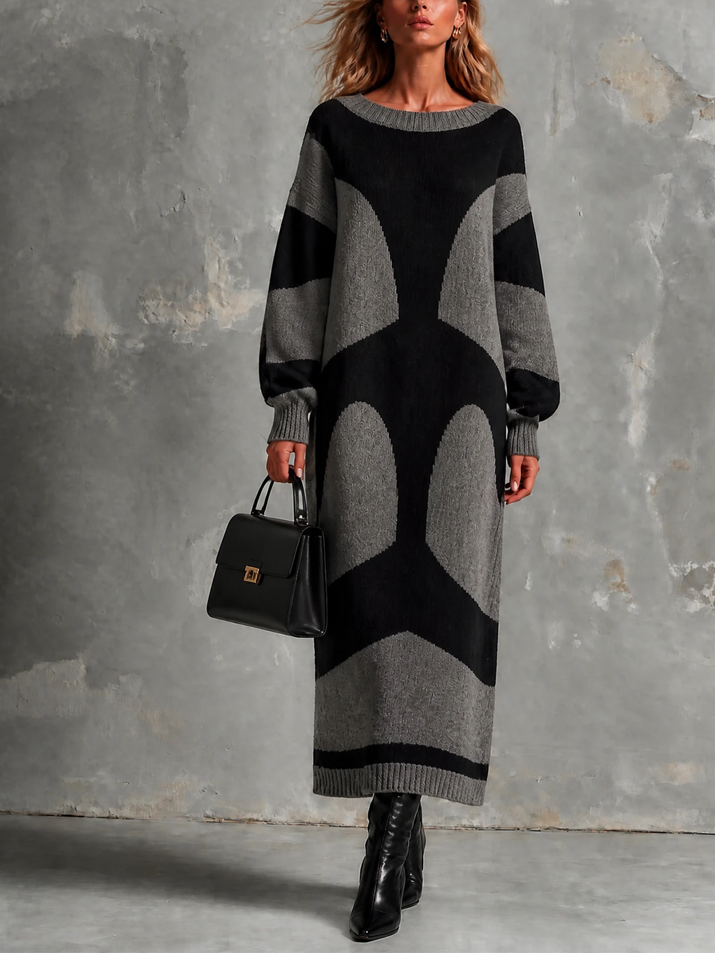 Chic Elegant Heather Grey-Black Colorblock Round-Neck Long-Sleeve Loose-Fit Knit Maxi Dress