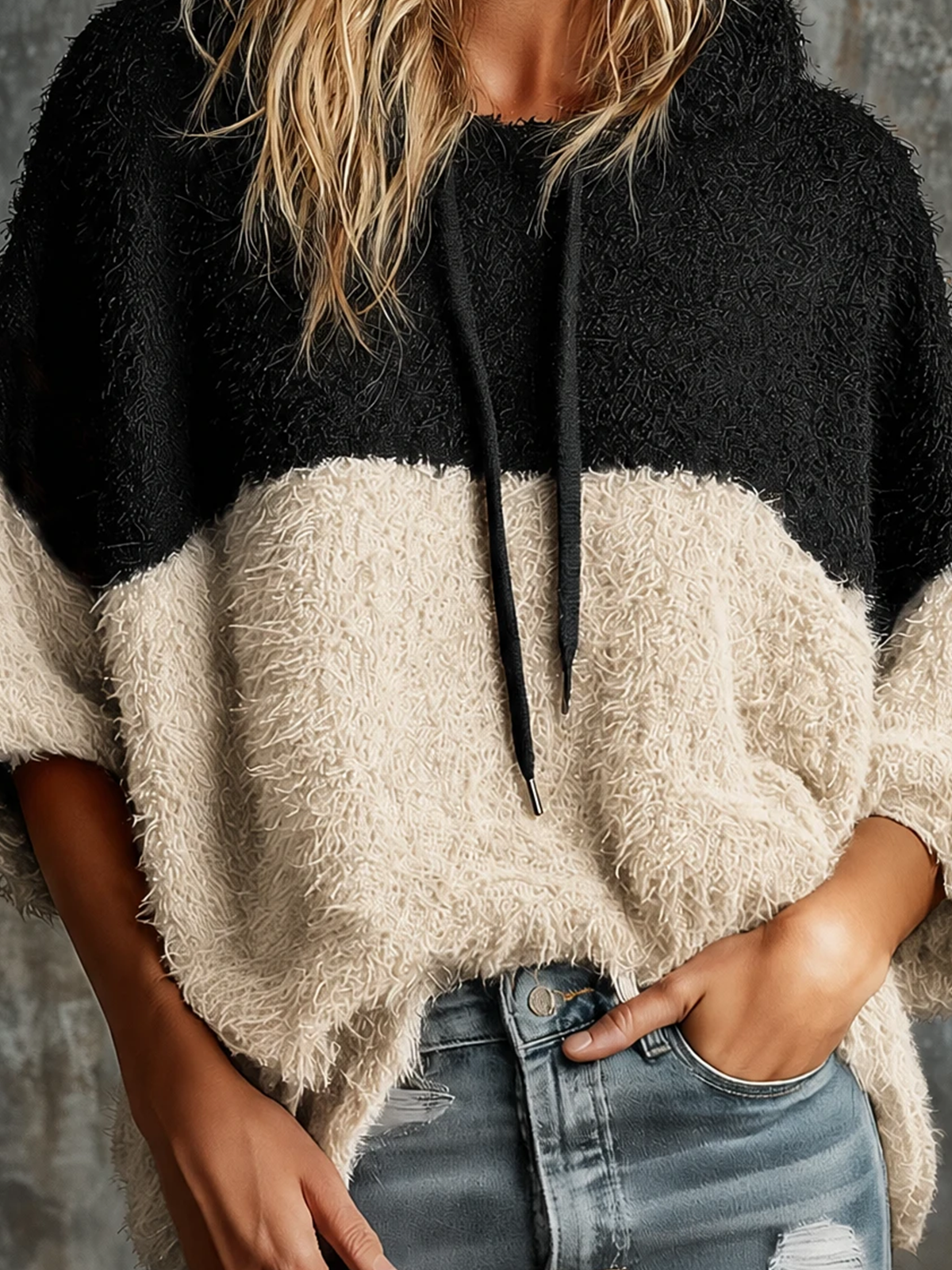 Chic Casual Black-Off-White Colorblock Hooded Drawstring Three-Quarter Sleeves Oversize Fuzzy Knit Sweater Top