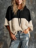 Chic Casual Black-Off-White Colorblock Hooded Drawstring Three-Quarter Sleeves Oversize Fuzzy Knit Sweater Top