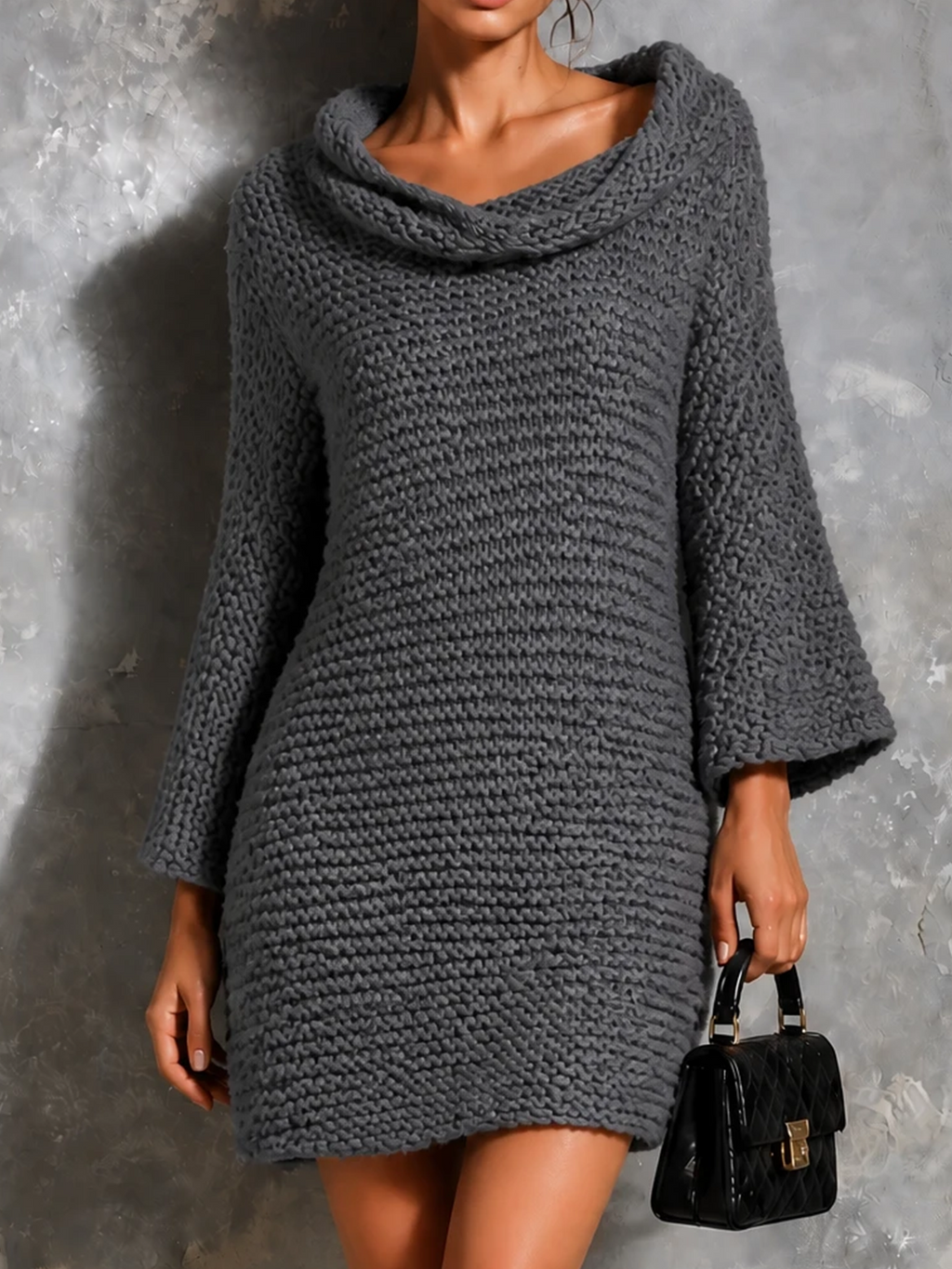Chic Casual Heather Grey Cowl Neck Flared Sleeves Slim-Fit Knit Mini Dress
