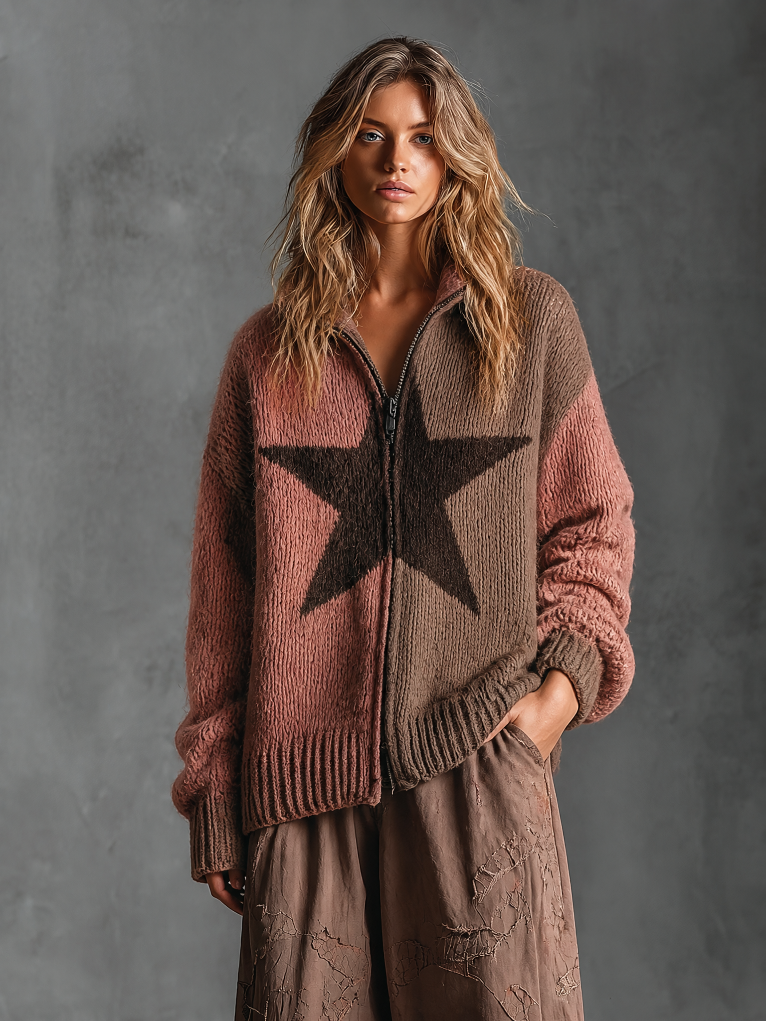 Chic Casual Dusty Pink-Brown Colorblock Star Jacquard Stand Collar Zipper Placket Long-Sleeve Loose-Fit Knit Cardigan Top