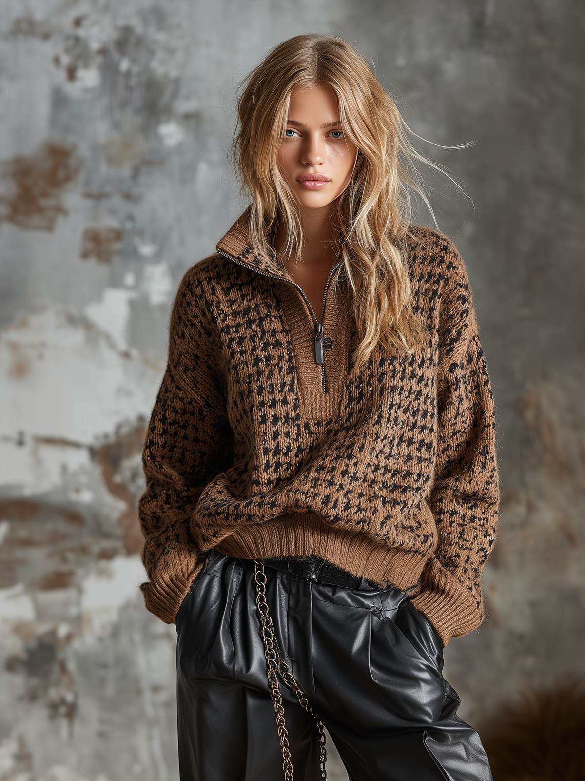 Chic Casual Brown‑Black Houndstooth Jacquard Stand Collar Half Zip Long-Sleeve Loose-Fit Knit Sweater Top