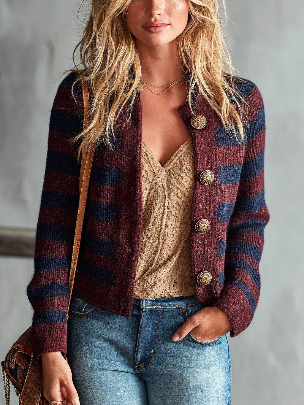 Chic Casual Burgundy-Navy Colorblock Stripes Round-Neck Long-Sleeve Single-Breasted Knit Cardigan Top
