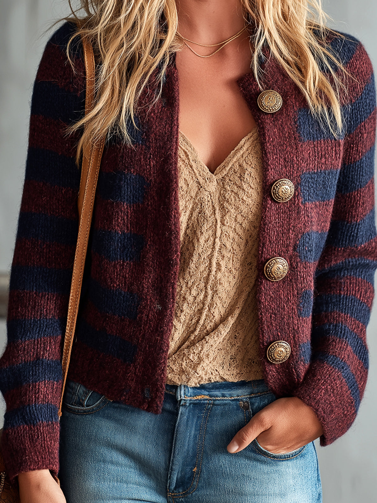 Chic Casual Burgundy-Navy Colorblock Stripes Round-Neck Long-Sleeve Single-Breasted Knit Cardigan Top