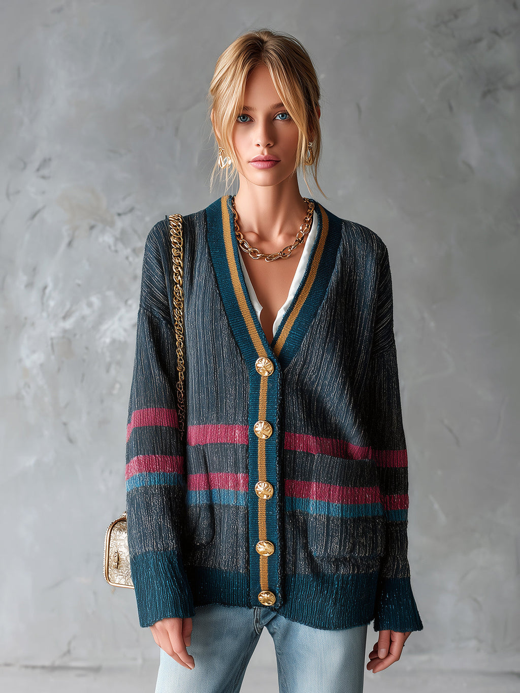 Chic Casual Dark Gray Colorblock Stripe Detail V-Neck Long-Sleeve Single-Breasted Patch Pockets Loose-Fit Knit Cardigan