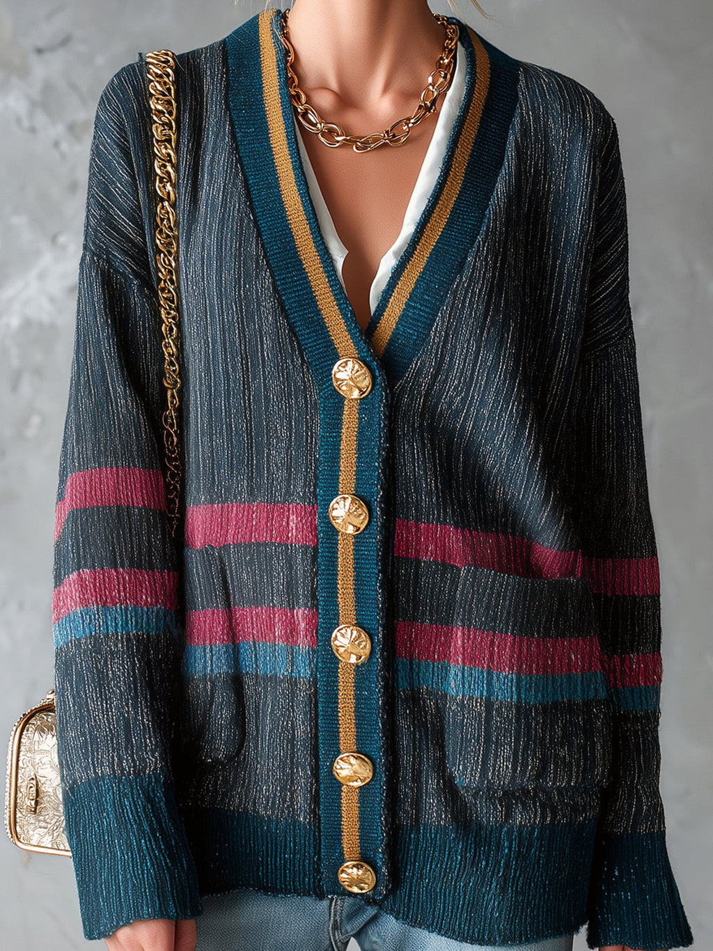 Chic Casual Dark Gray Colorblock Stripe Detail V-Neck Long-Sleeve Single-Breasted Patch Pockets Loose-Fit Knit Cardigan