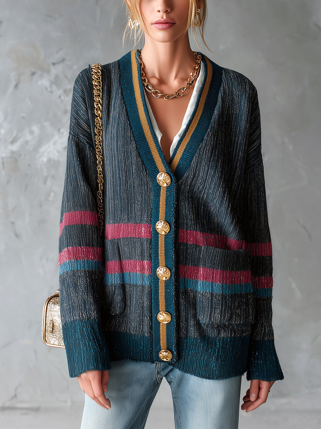 Chic Casual Dark Gray Colorblock Stripe Detail V-Neck Long-Sleeve Single-Breasted Patch Pockets Loose-Fit Knit Cardigan