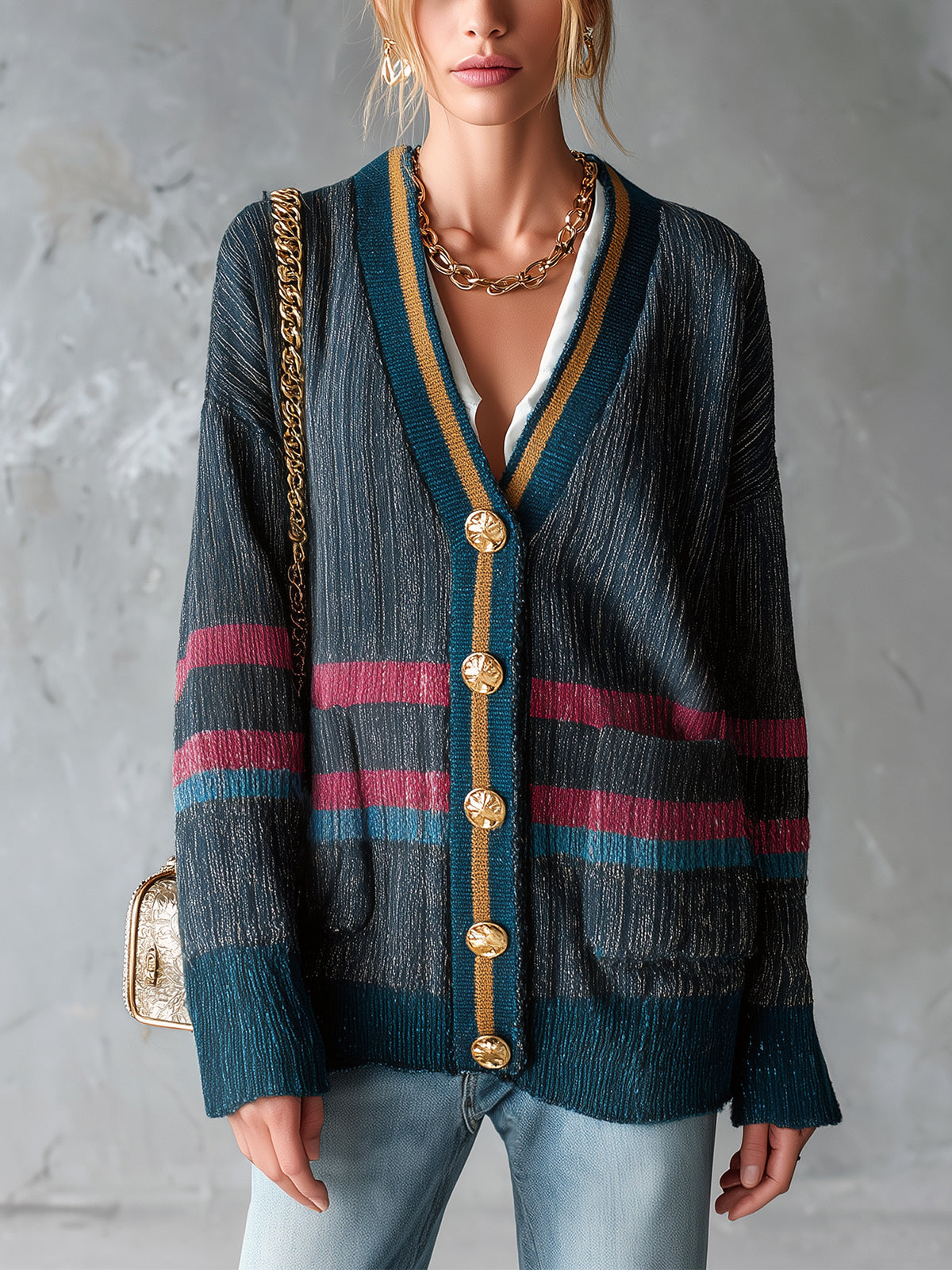 Chic Casual Dark Gray Colorblock Stripe Detail V-Neck Long-Sleeve Single-Breasted Patch Pockets Loose-Fit Knit Cardigan