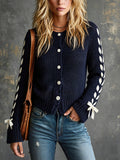 Chic Casual Navy Blue Round-Neck Long-Sleeve Single-Breasted Drawstring Detail Cotton Blend Knit Cardigan Top