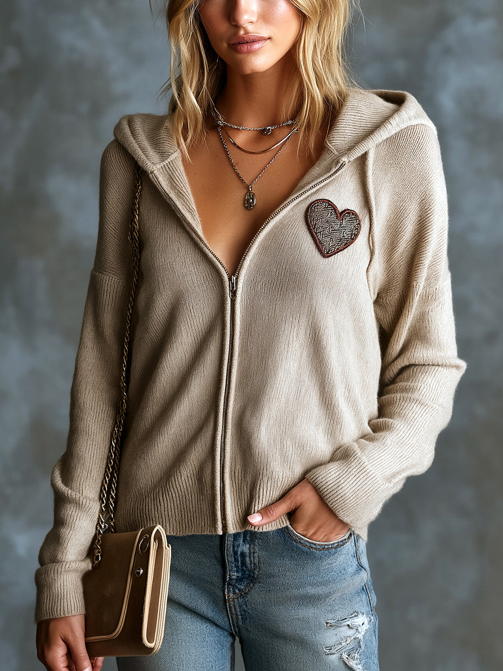 Chic Casual Light Camel Hooded-Collar Long-Sleeve Zipper-Placket Heart Embroidery Patch Loose-Fit Soft Knit Cardigan
