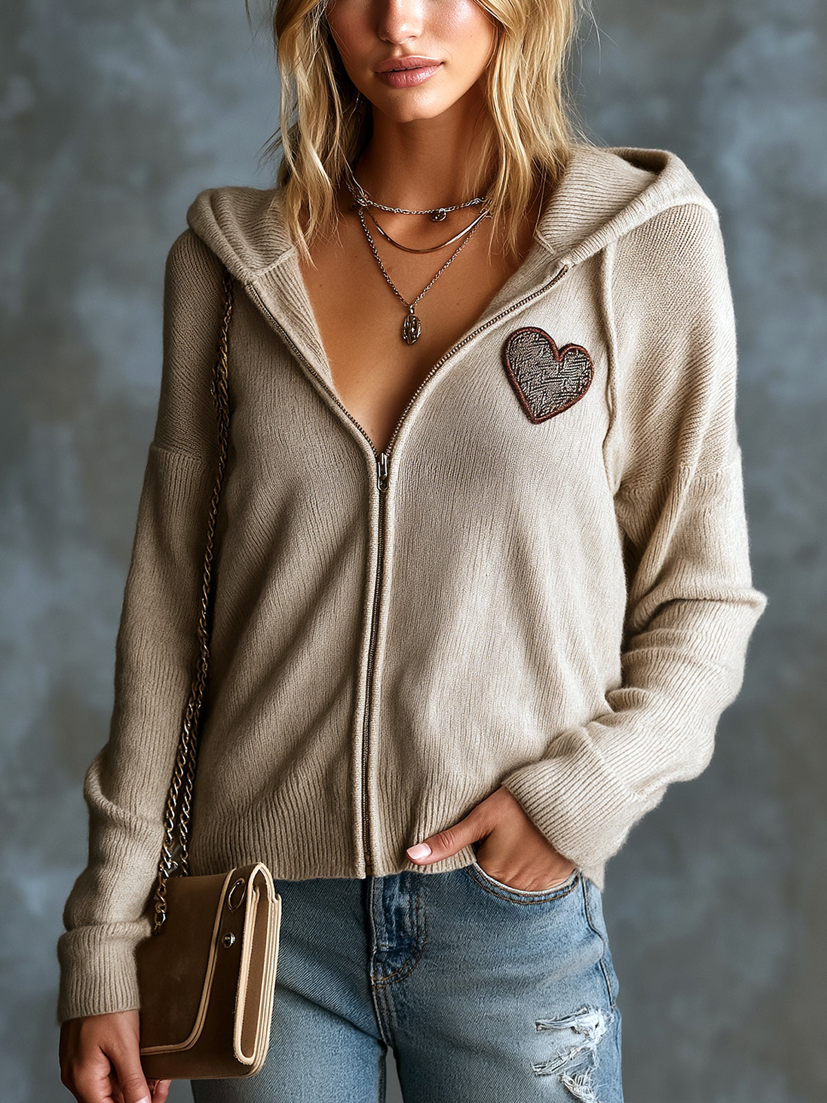 Chic Casual Light Camel Hooded-Collar Long-Sleeve Zipper-Placket Heart Embroidery Patch Loose-Fit Soft Knit Cardigan