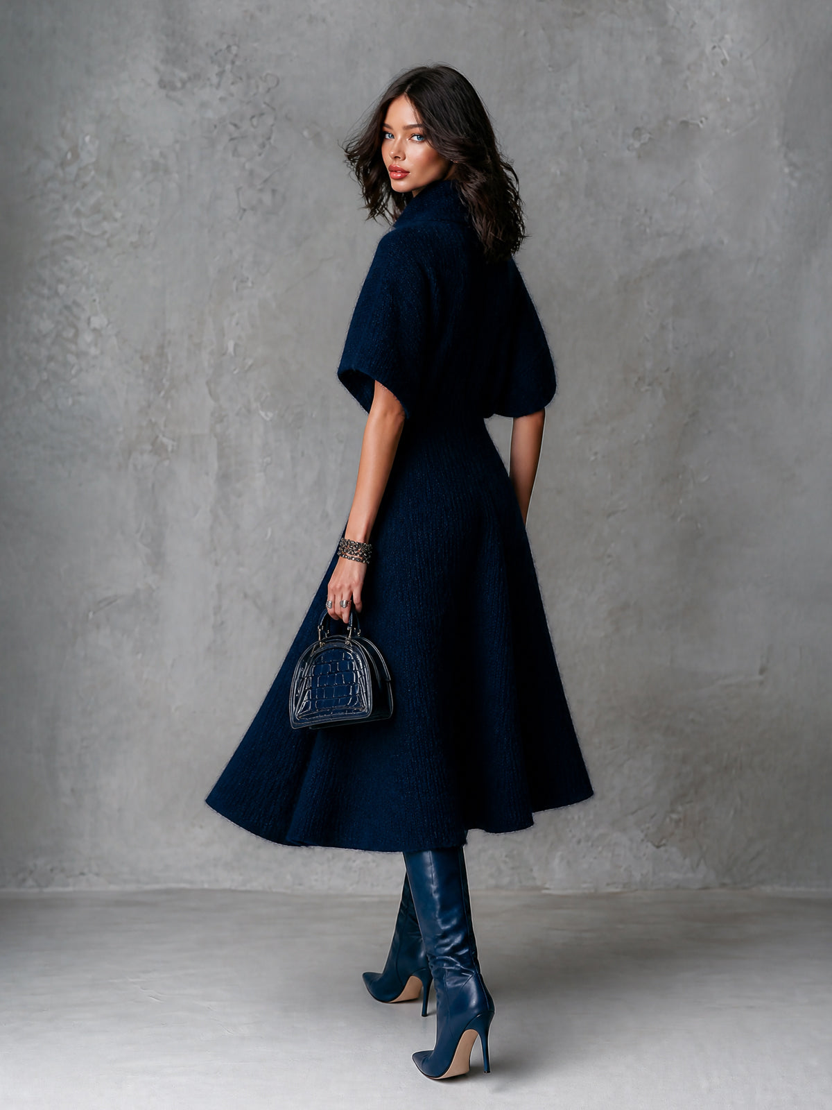 Chic Elegant Navy Blue Zipper-Front Lapel Collar Batwting Short-Sleeve Tailored-Waist A-Line Soft Knit Midi Dress