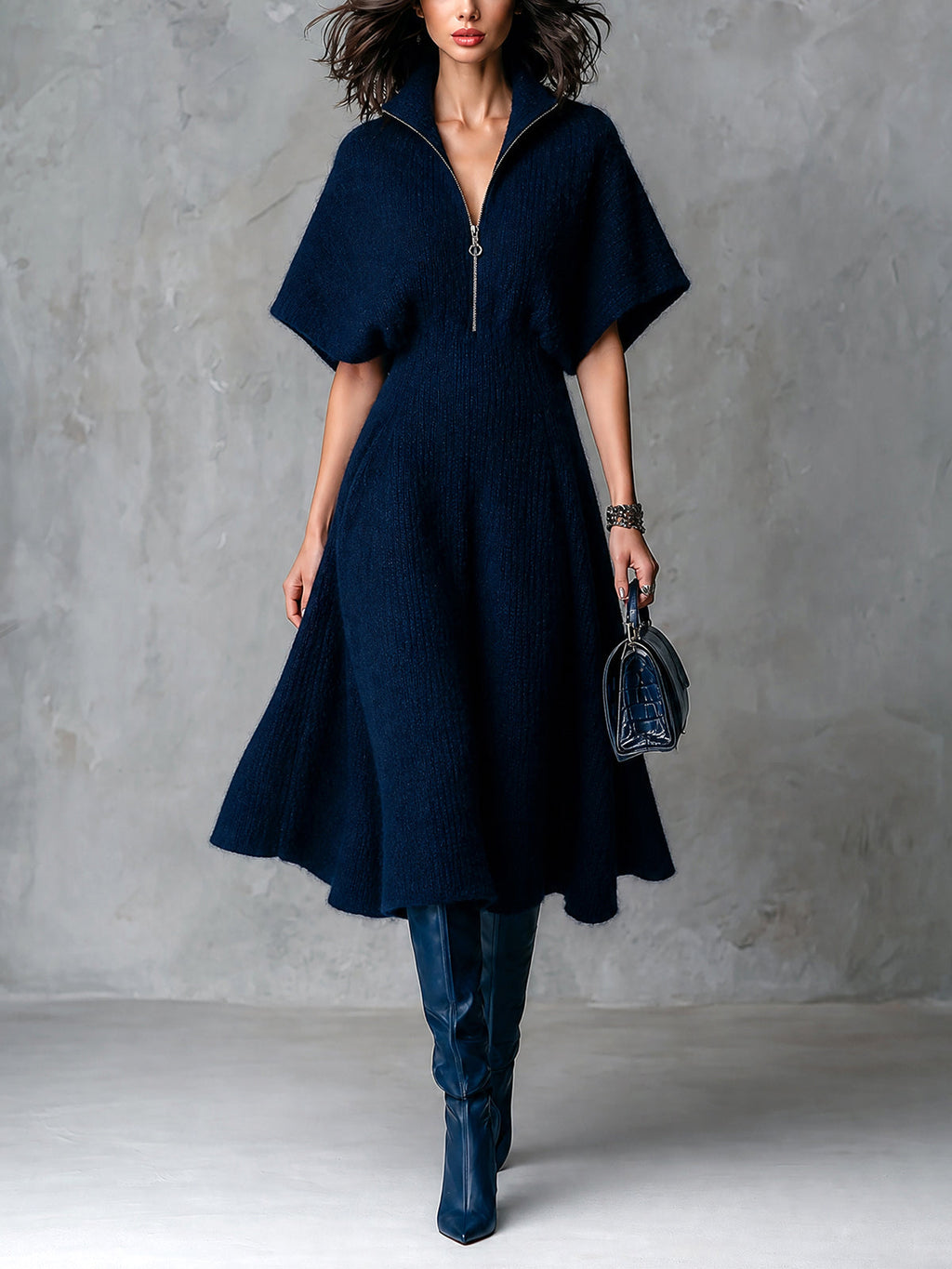 Chic Elegant Navy Blue Zipper-Front Lapel Collar Batwting Short-Sleeve Tailored-Waist A-Line Soft Knit Midi Dress