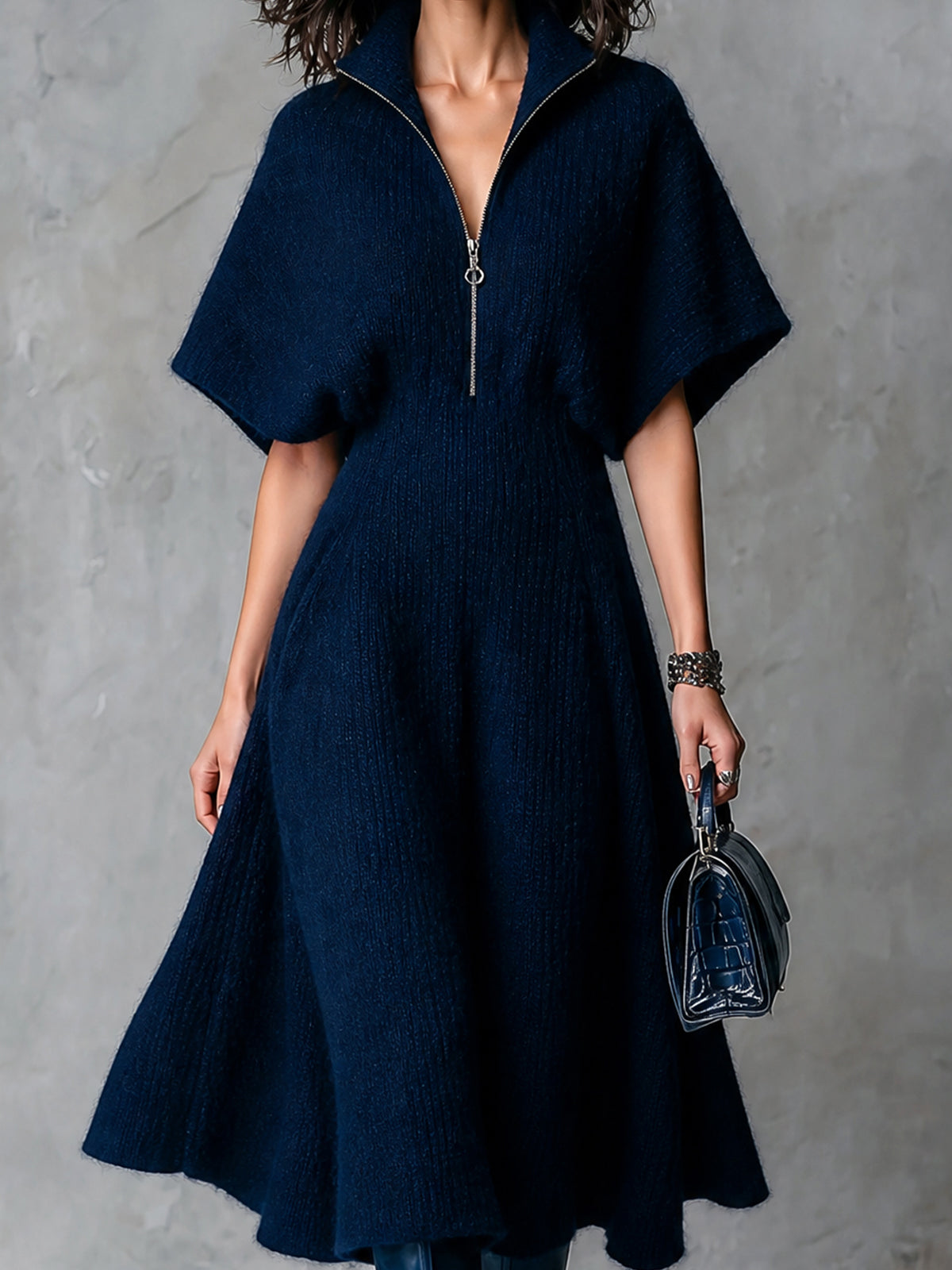 Chic Elegant Navy Blue Zipper-Front Lapel Collar Batwting Short-Sleeve Tailored-Waist A-Line Soft Knit Midi Dress