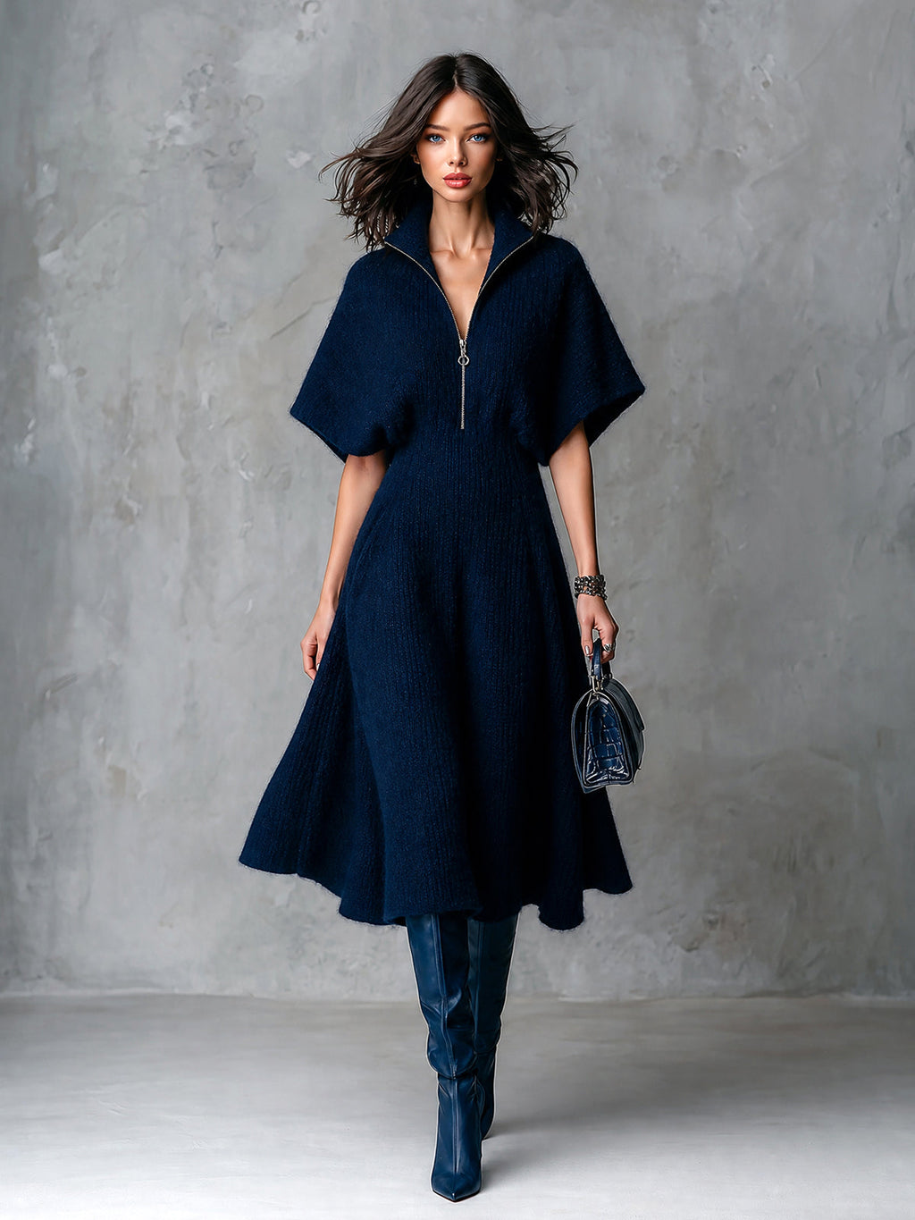 Chic Elegant Navy Blue Zipper-Front Lapel Collar Batwting Short-Sleeve Tailored-Waist A-Line Soft Knit Midi Dress