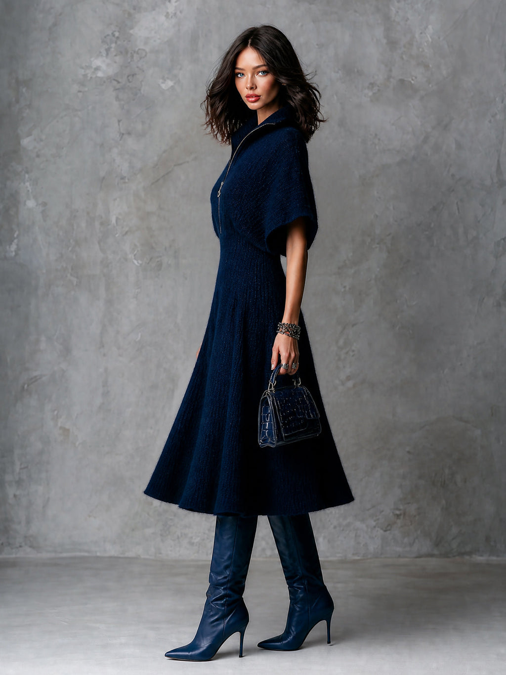 Chic Elegant Navy Blue Zipper-Front Lapel Collar Batwting Short-Sleeve Tailored-Waist A-Line Soft Knit Midi Dress