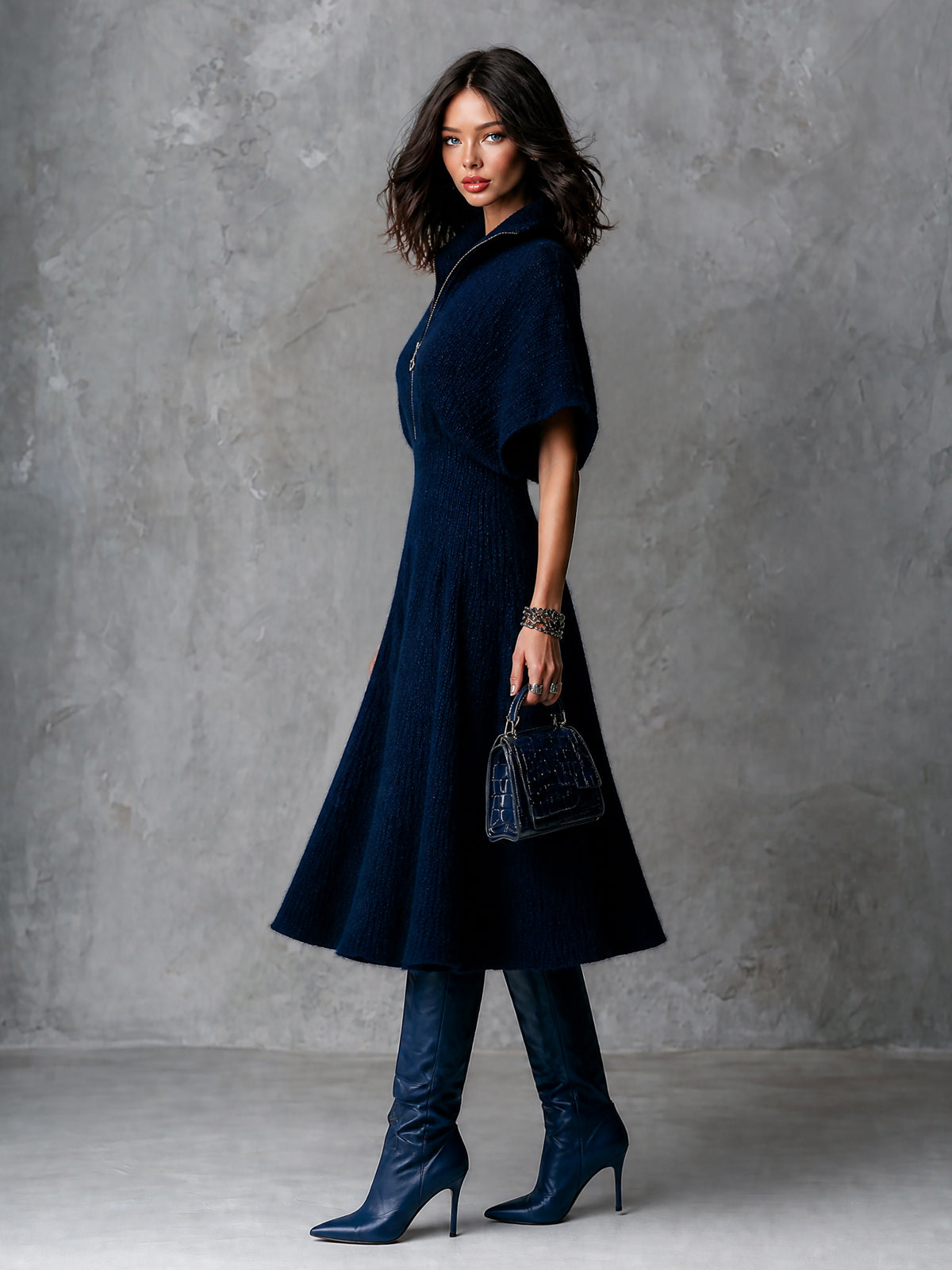 Chic Elegant Navy Blue Zipper-Front Lapel Collar Batwting Short-Sleeve Tailored-Waist A-Line Soft Knit Midi Dress