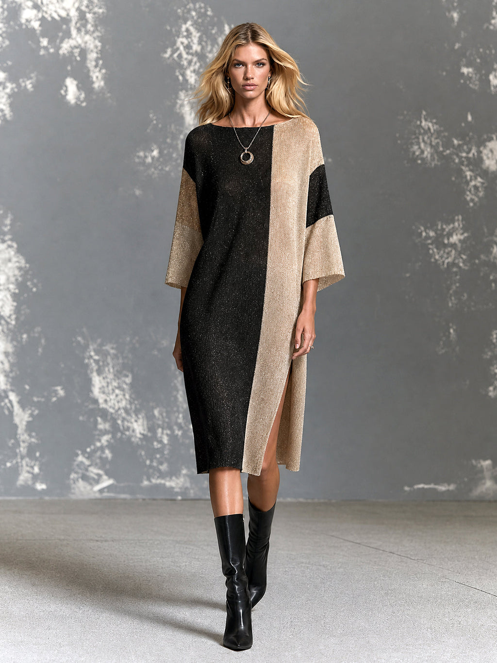 Chic Elegant Black-Camel Melange Colorblock Boat-Neck Half-Sleeve Side Slit Detail Loose-Fit Knit Midi Dress