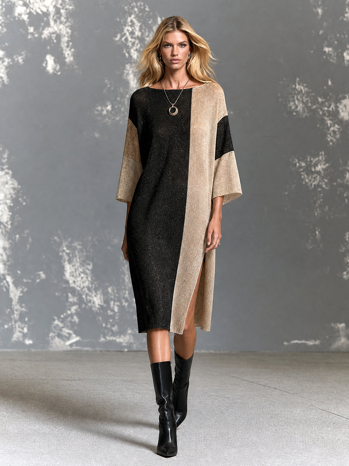 Chic Elegant Black-Camel Melange Colorblock Boat-Neck Half-Sleeve Side Slit Detail Loose-Fit Knit Midi Dress