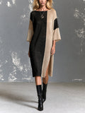 Chic Elegant Black-Camel Melange Colorblock Boat-Neck Half-Sleeve Side Slit Detail Loose-Fit Knit Midi Dress