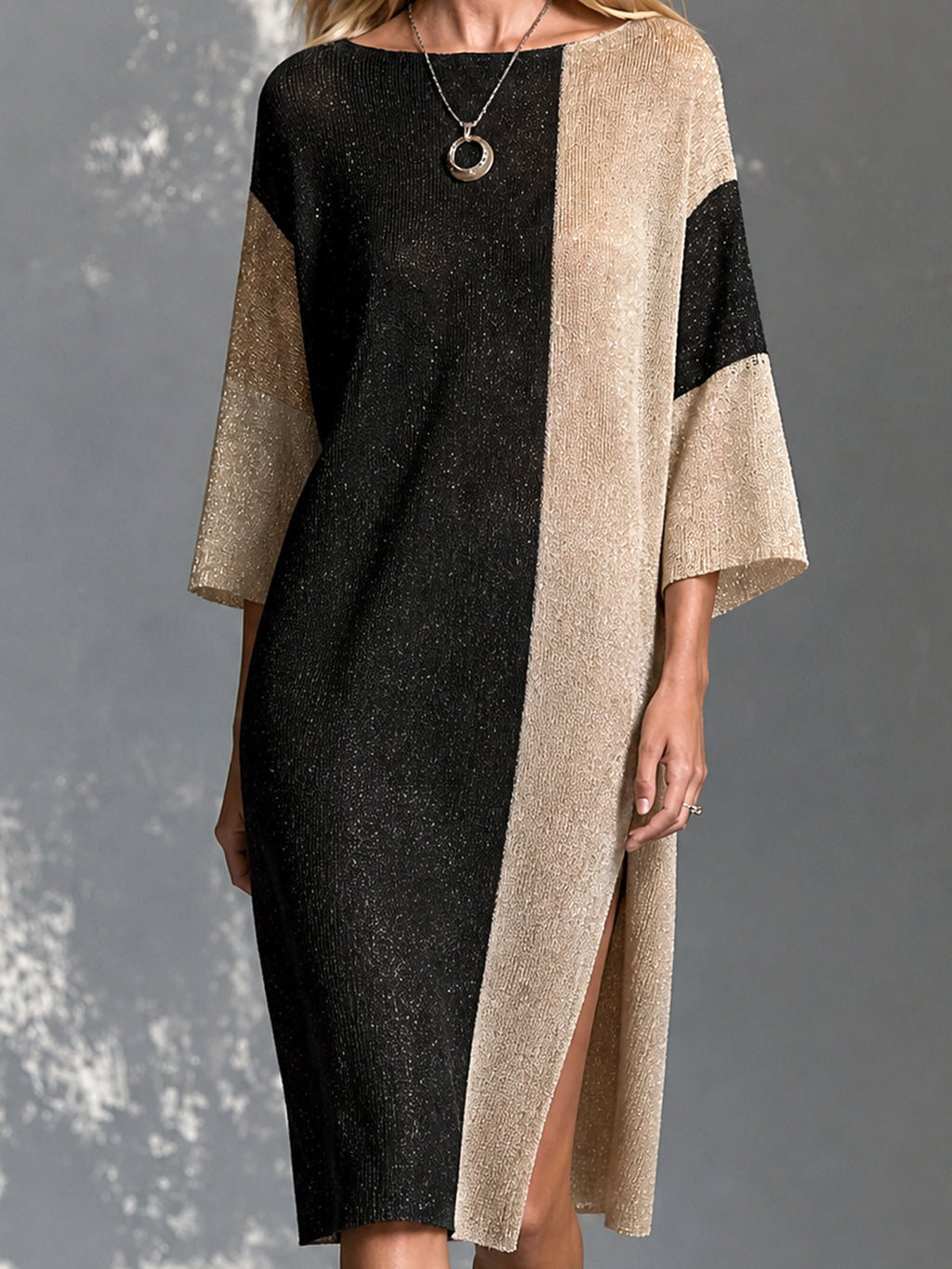 Chic Elegant Black-Camel Melange Colorblock Boat-Neck Half-Sleeve Side Slit Detail Loose-Fit Knit Midi Dress