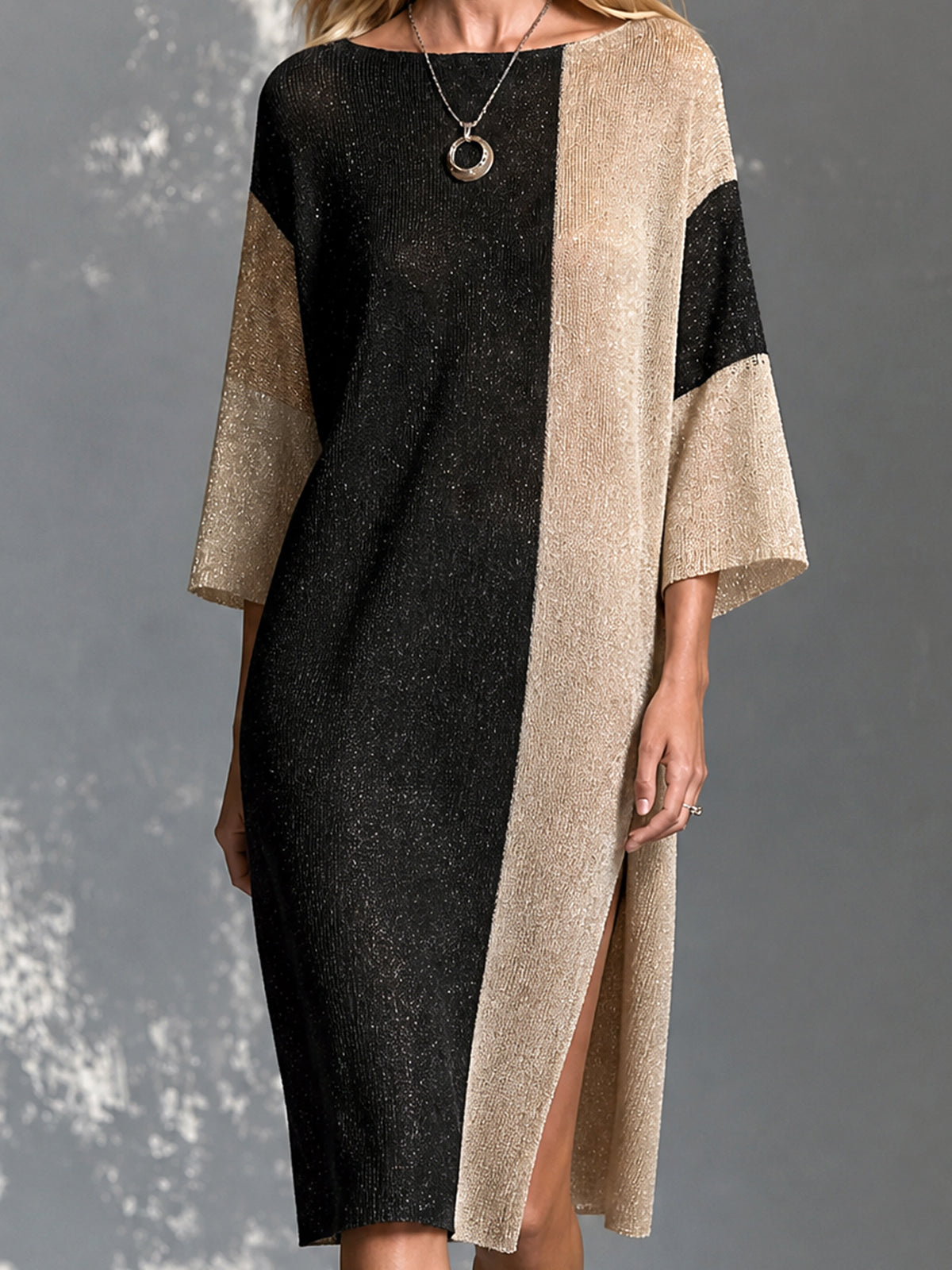 Chic Elegant Black-Camel Melange Colorblock Boat-Neck Half-Sleeve Side Slit Detail Loose-Fit Knit Midi Dress