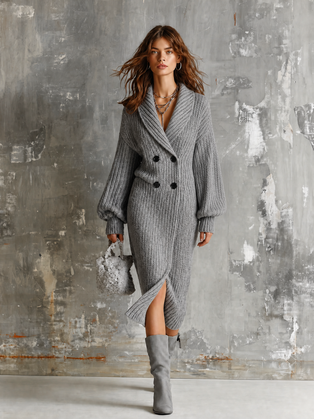 Chic Elegant Heather Grey Shawl Lapel Double-Breasted Dropped Shoulder Long-Sleeve Loose-Fit Ribbed Knit Midi Dress