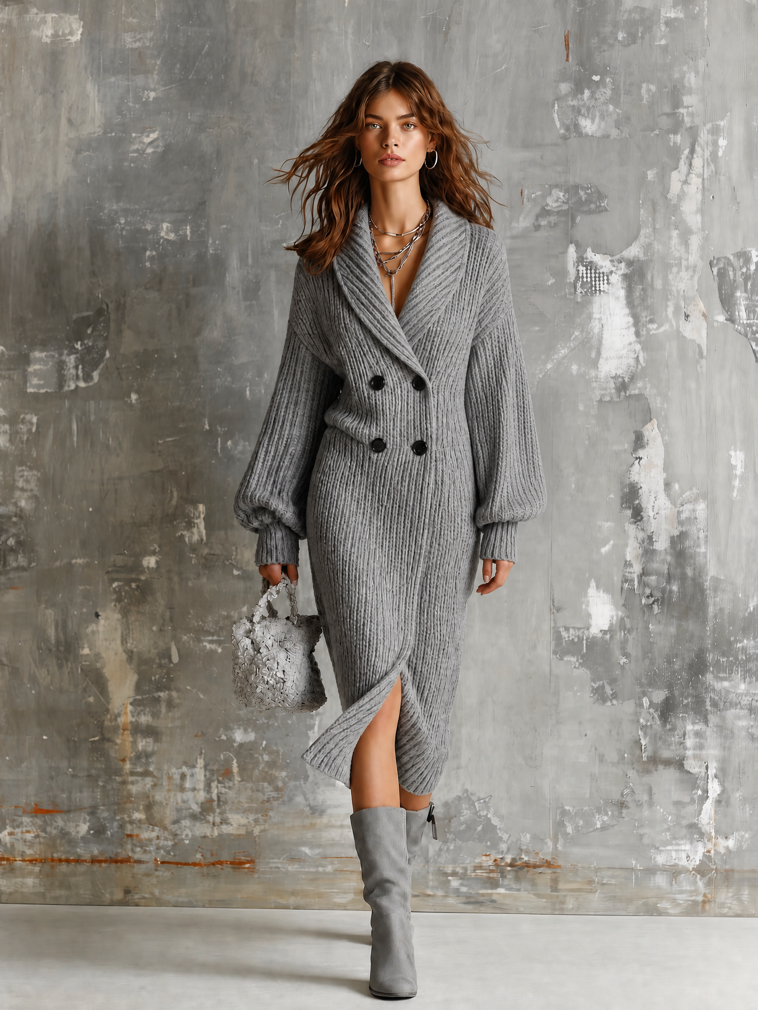 Chic Elegant Heather Grey Shawl Lapel Double-Breasted Dropped Shoulder Long-Sleeve Loose-Fit Ribbed Knit Midi Dress