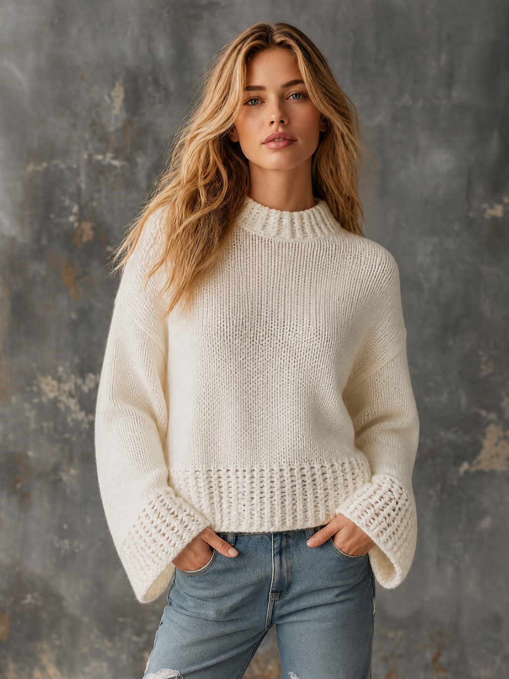 Chic Casual Off-White Mock-Neck Dropped Shoulder Flare Long Sleeves Openwork Details Loose-Fit Knit Sweater Top