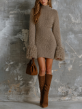 Chic Elegant Taupe Turtleneck Fringe Flare Long Sleeves Button Detail Slim-Fit Cable Knit Mini Dress