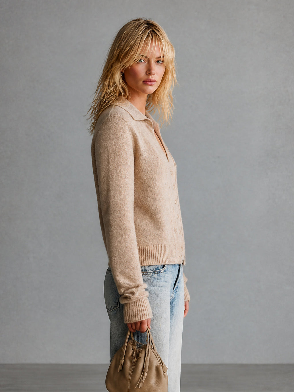Chic Elegant Camel Lapel V-Neck Single-Breasted Long-Sleeve Loose-Fit Soft Knit Faux Two-Piece Cardigan