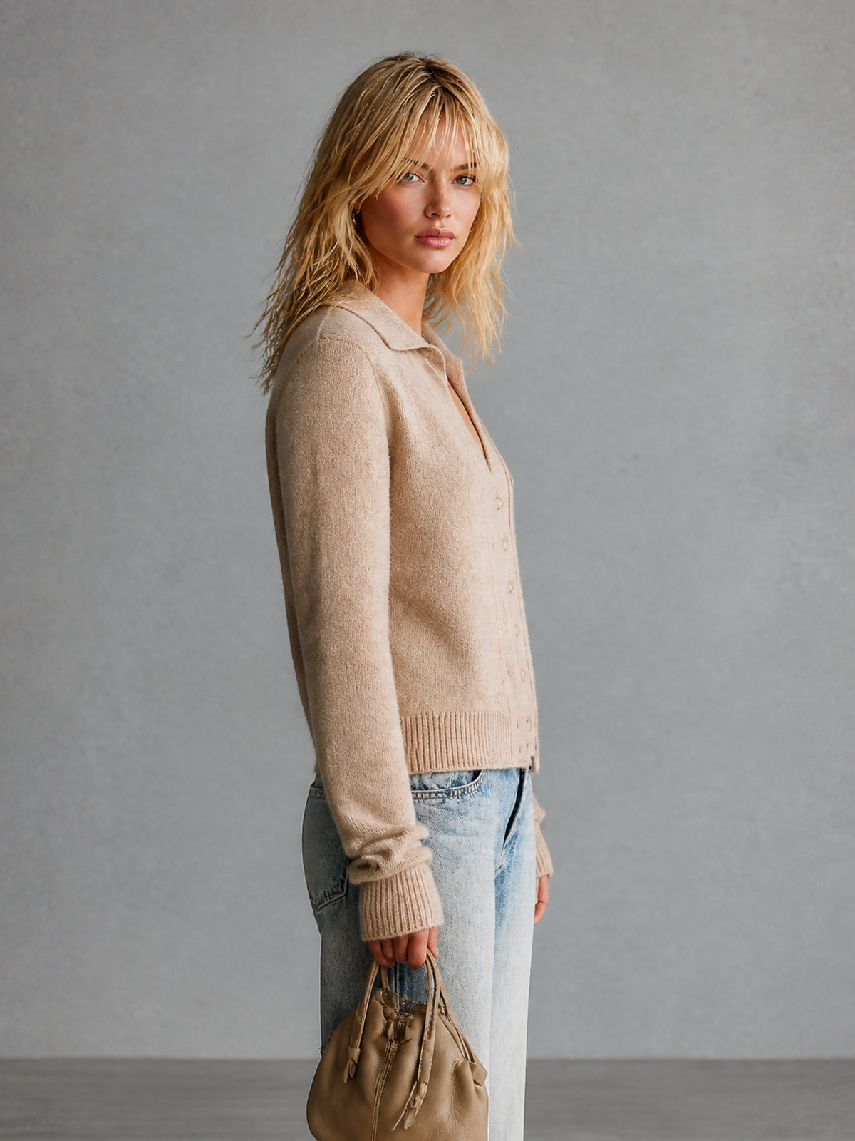 Chic Elegant Camel Lapel V-Neck Single-Breasted Long-Sleeve Loose-Fit Soft Knit Faux Two-Piece Cardigan