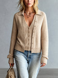 Chic Elegant Camel Lapel V-Neck Single-Breasted Long-Sleeve Loose-Fit Soft Knit Faux Two-Piece Cardigan