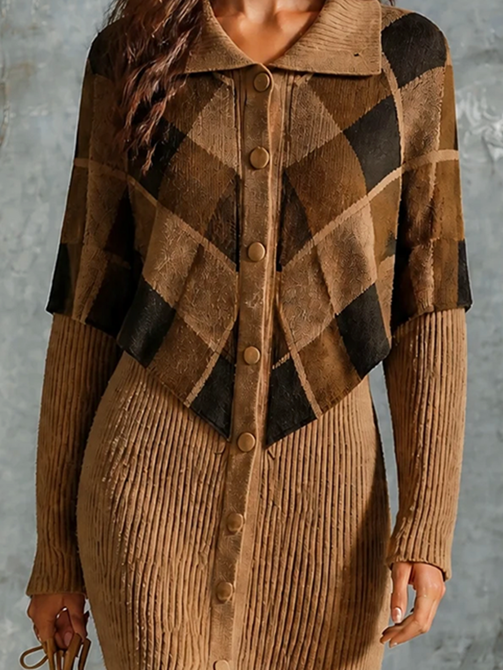 Chic Elegant Brown Lapel Collar Single-Breasted Argyle Jacquard Long-Sleeve Slim-Fit Ribbed Knit Faux-Two-Piece Midi Dress