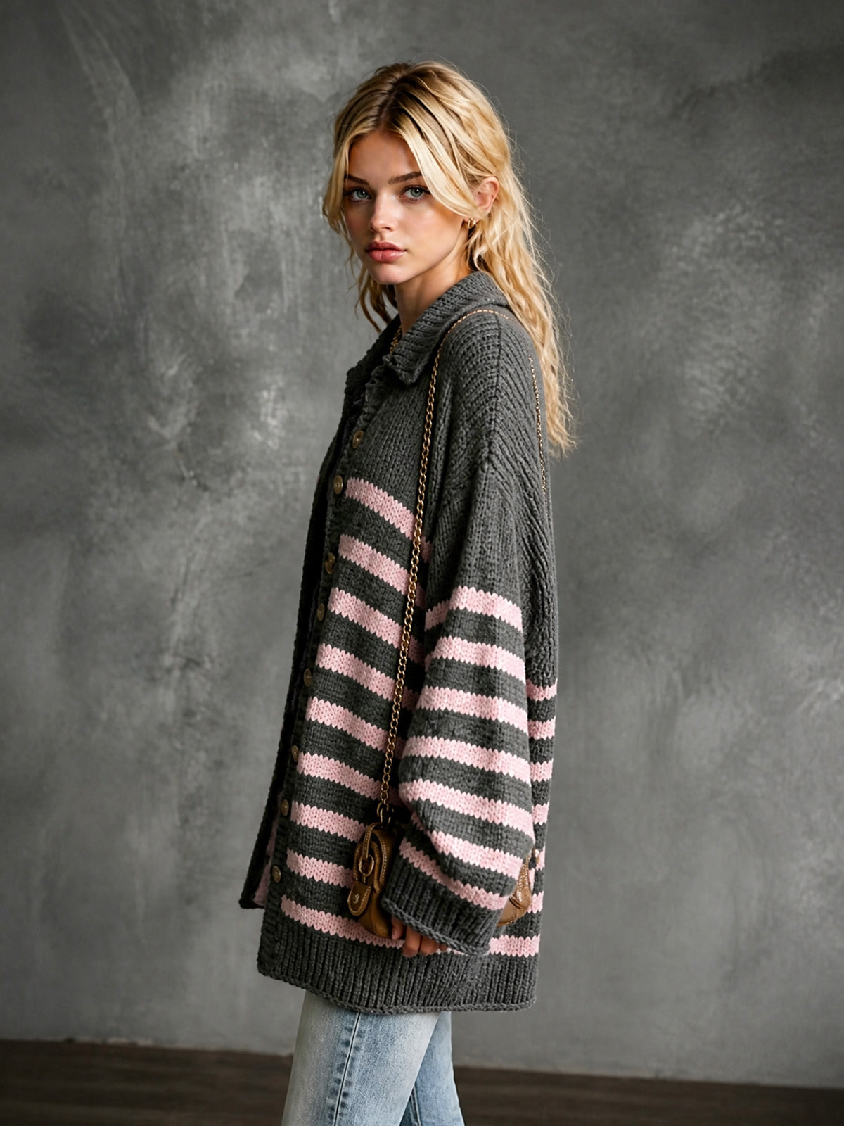 Chic Elegant Gray-Pink Stripes Lapel Collar Single-Breasted Dropped-Shoulder Long-Sleeve Loose-Fit Knit Cardigan