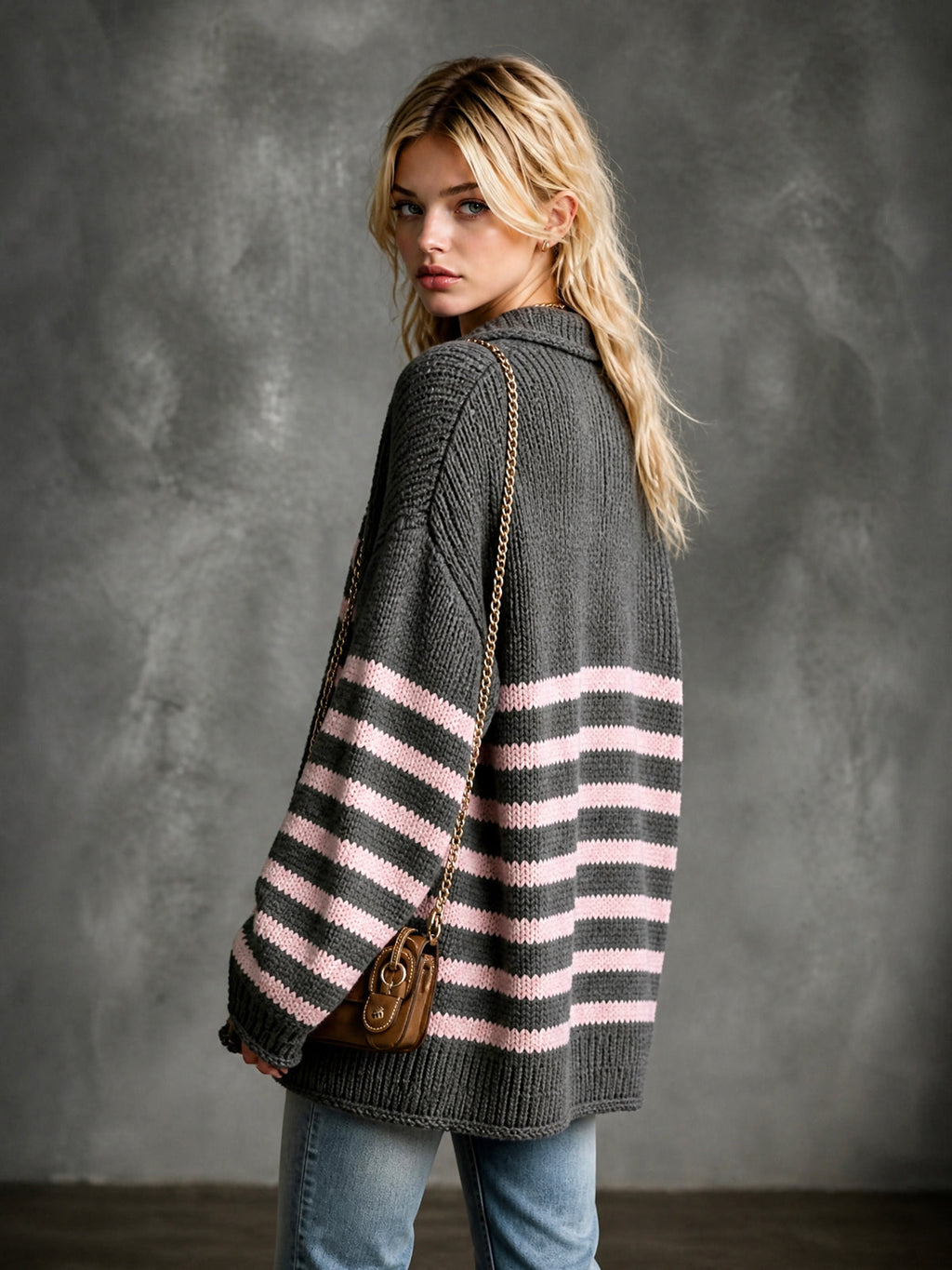 Chic Elegant Gray-Pink Stripes Lapel Collar Single-Breasted Dropped-Shoulder Long-Sleeve Loose-Fit Knit Cardigan