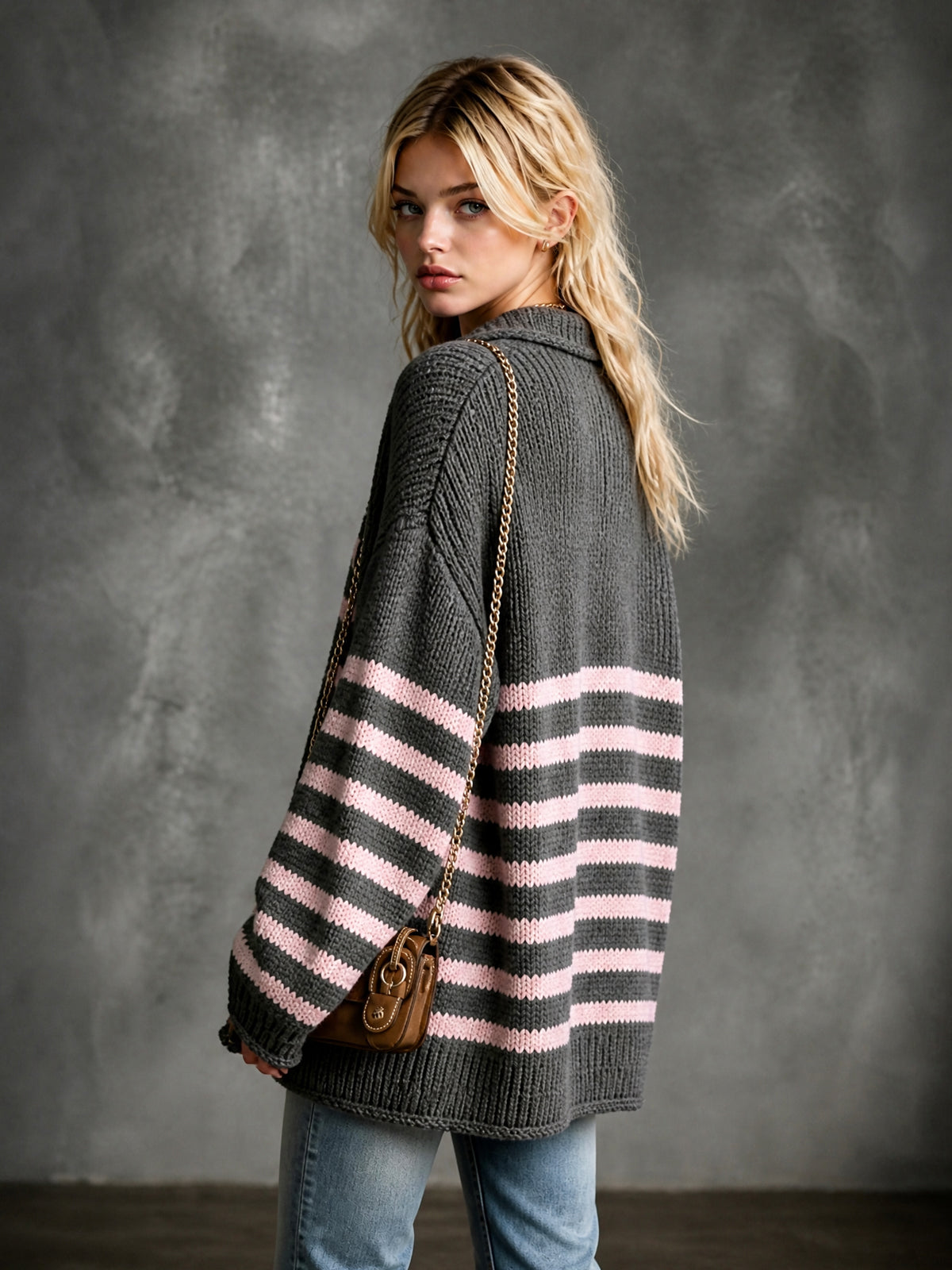 Chic Elegant Gray-Pink Stripes Lapel Collar Single-Breasted Dropped-Shoulder Long-Sleeve Loose-Fit Knit Cardigan