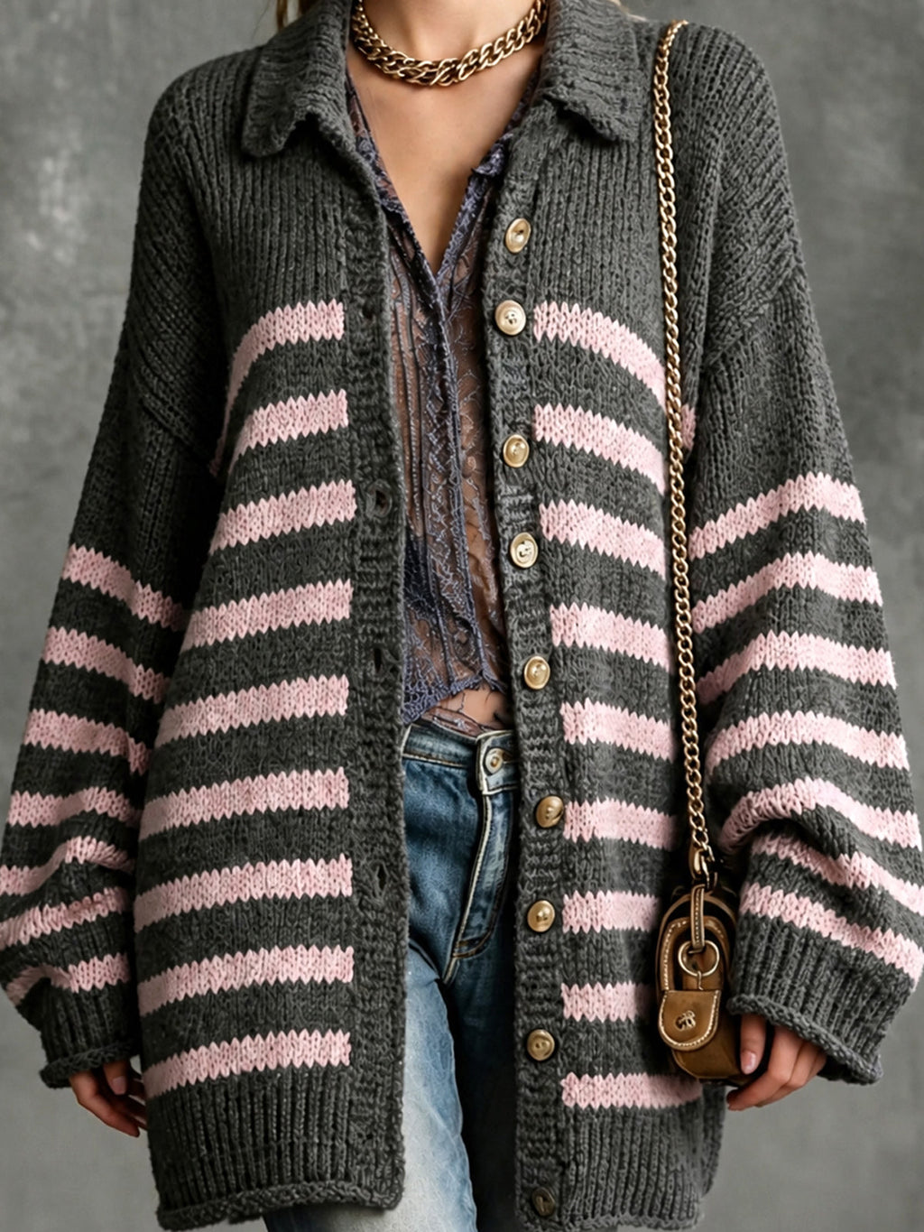 Chic Elegant Gray-Pink Stripes Lapel Collar Single-Breasted Dropped-Shoulder Long-Sleeve Loose-Fit Knit Cardigan