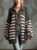 Chic Elegant Gray-Pink Stripes Lapel Collar Single-Breasted Dropped-Shoulder Long-Sleeve Loose-Fit Knit Cardigan