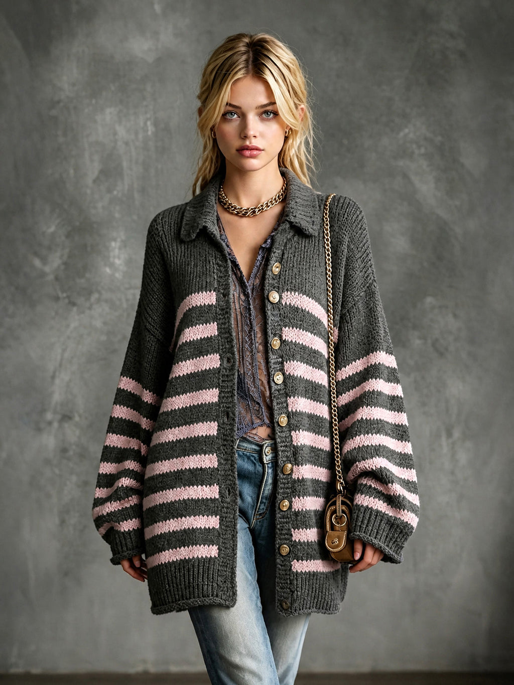 Chic Elegant Gray-Pink Stripes Lapel Collar Single-Breasted Dropped-Shoulder Long-Sleeve Loose-Fit Knit Cardigan
